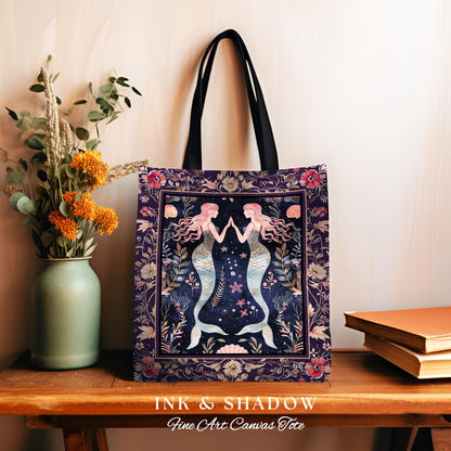 Retro Art Deco Mermaid Tote Whimsical Coastal Cottagecore Vintage Floral Enchanted Purple Underwater Fantasy Sea Shell Tapestry Bag Boho |