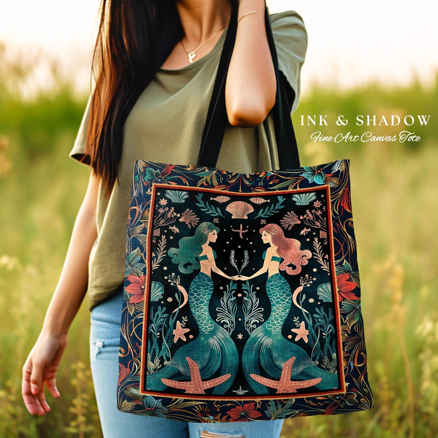 Ethereal Art Nouveau Sea Nymph Tapestry Tote Whimsical Dark Academia Coastal Bag Mystical Mermaid Cottagecore Enchanted Ocean Folklore Boho