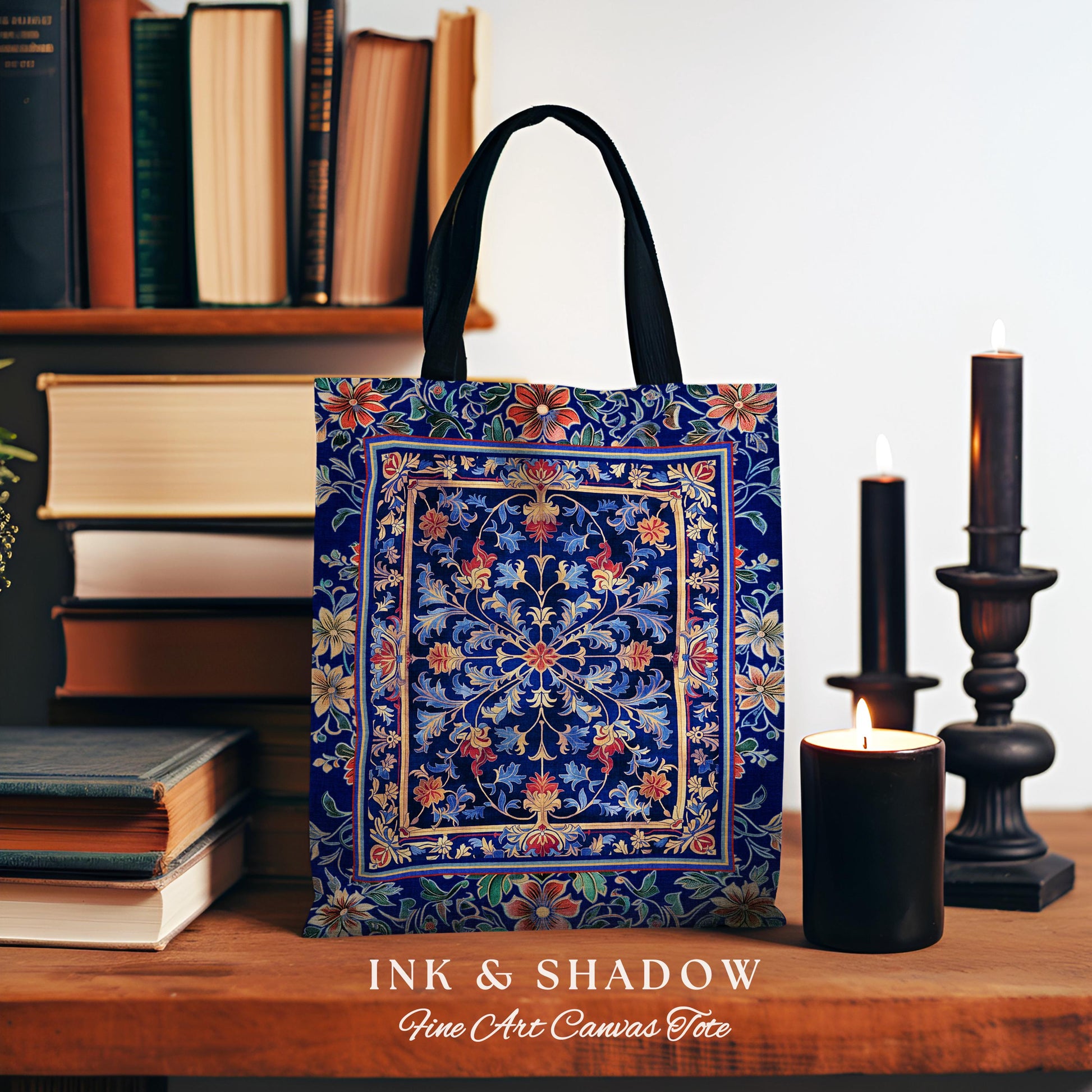 Baroque Medieval Florals Tote Bag | Renaissance Themed Woven Tapestry Bag Victorian Gothic Elegant Botanical Pattern Dark Academia Romantic