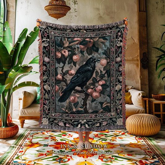 Dark Cottagecore Raven Blanket Woven | Woodland Gothic Dark Maximalist Ethereal Bedroom Decor Aesthetic Botanical Room Victorian Tapestry |