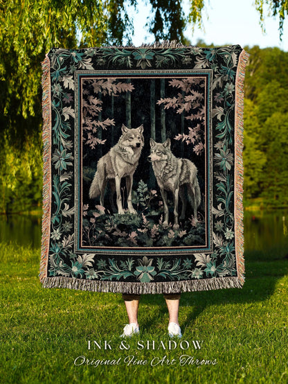 Deep Woods Moody Wolf Tapestry | Forestcore Botanical Gothic Woven Blanket Dark Academia Style Fairytale Bedroom Victorian Dark Maximalist