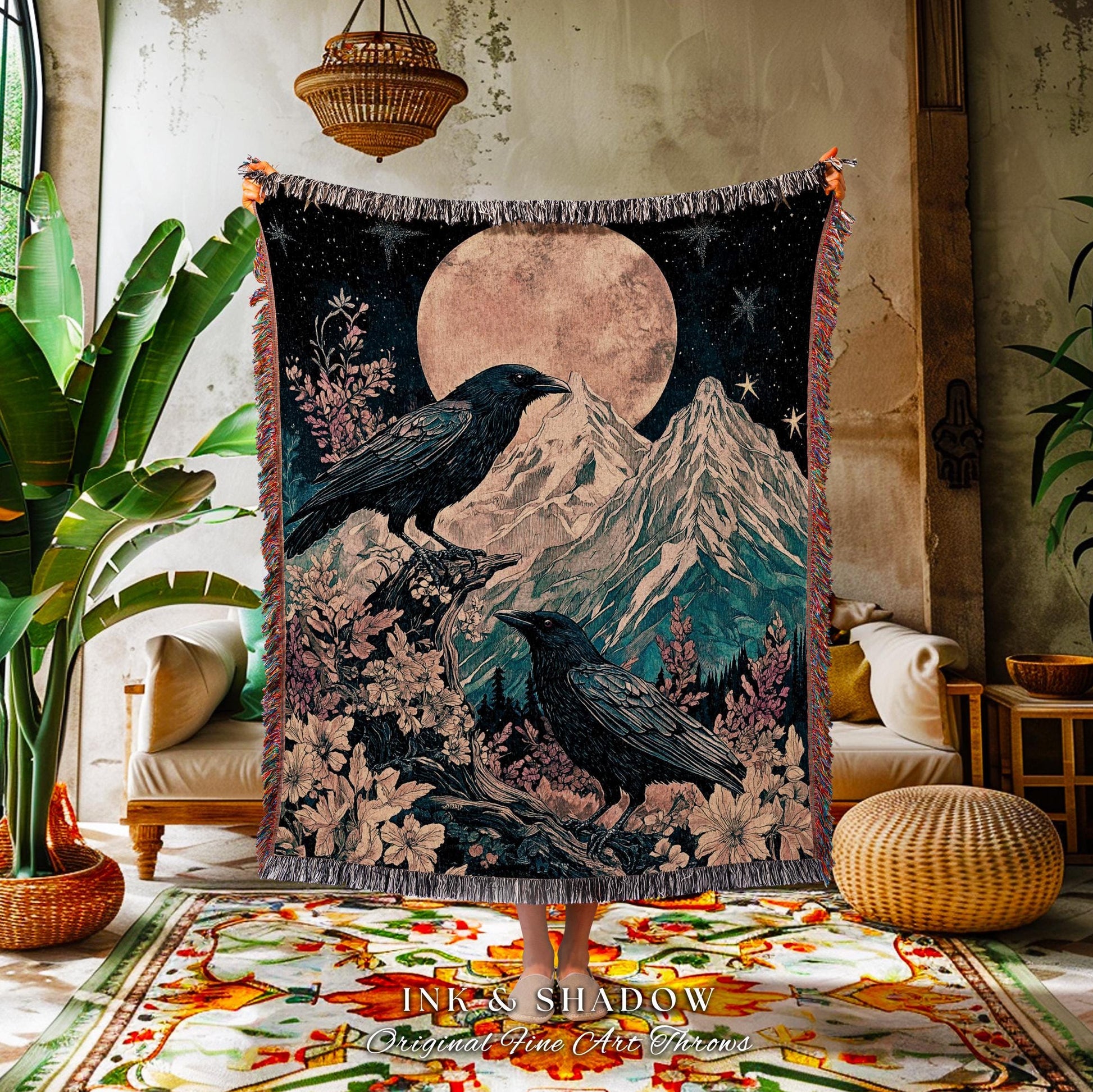 Moonrise Crow Celestial Blanket Woven | Celestial Woodland Gothic Maximalist Crowcore Bedroom Decor Aesthetic Botanical Room Victorian Raven