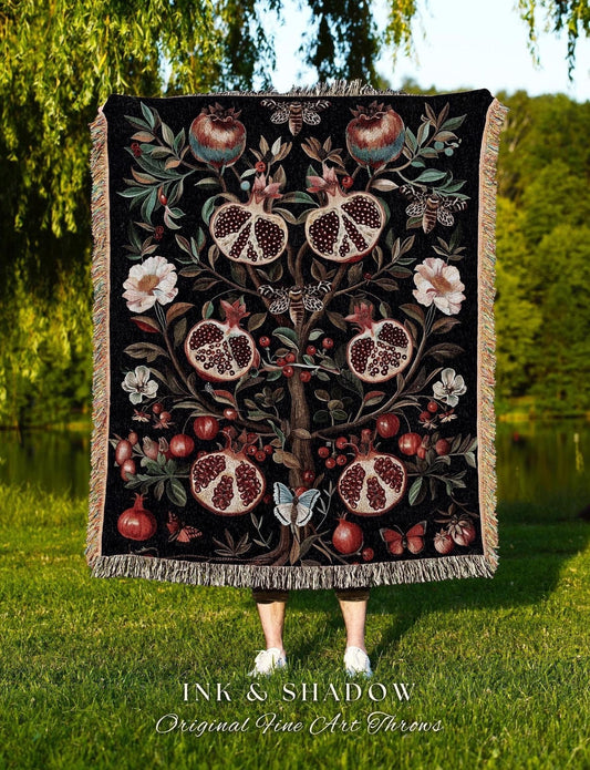 Enchanted Forest Pomegranate Blanket Woodland Botanical Forestcore Decor | Nature Inspired Victorian Gothic Dark Cottagecore Tapestry Throw