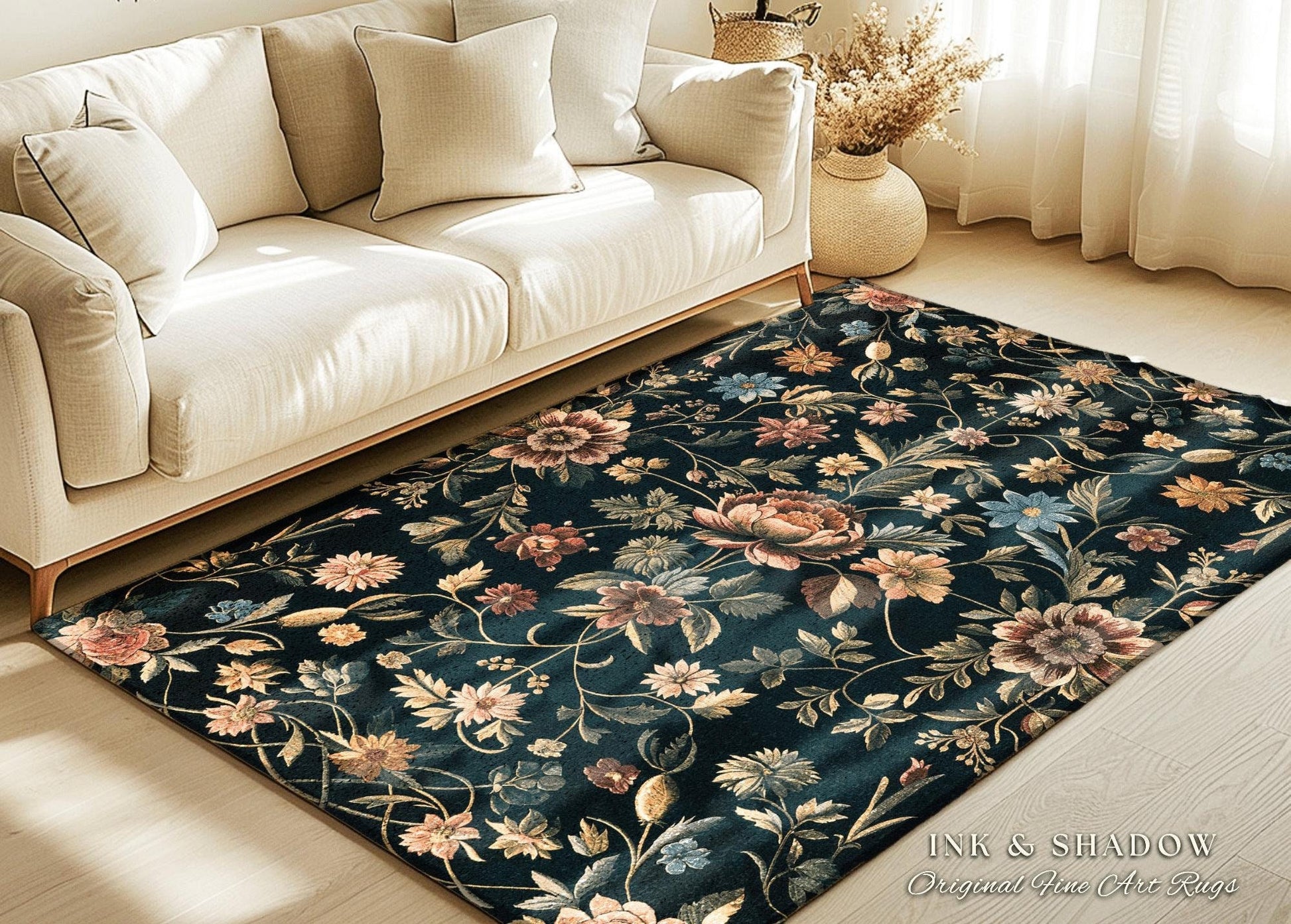 Dark Victorian Aesthetic Rug | Ethereal Gothic Livingroom Decor Ornate Home Decor Whimsical Crowcore Rug Dark Academia Witchy Bedroom Floral