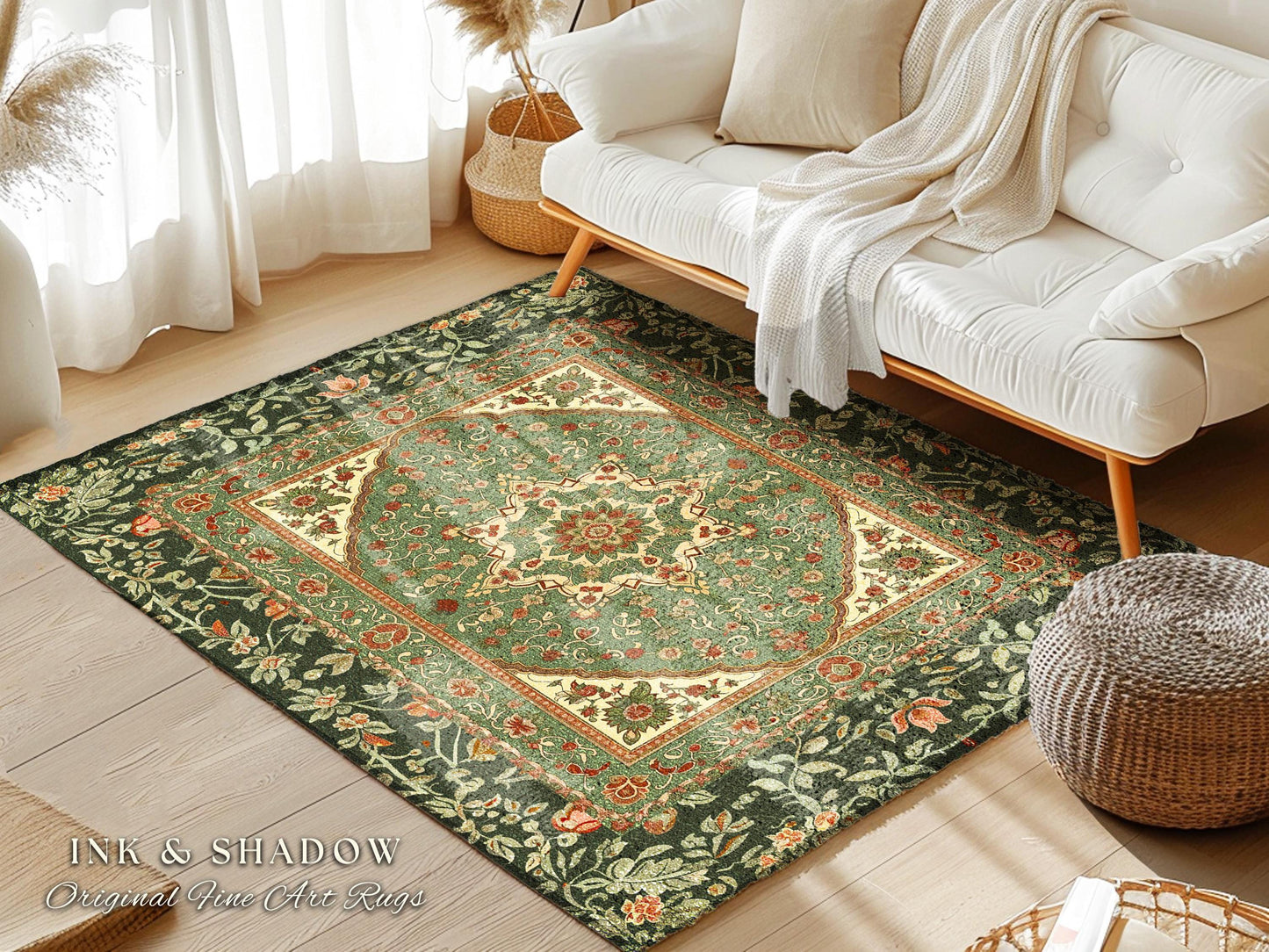 Ornate Floral Medallion Sage Green Rug Antique Persian Style Ethereal Botanical Elegance, Vintage Victorian Gothic Cottagecore Unique Whimsy