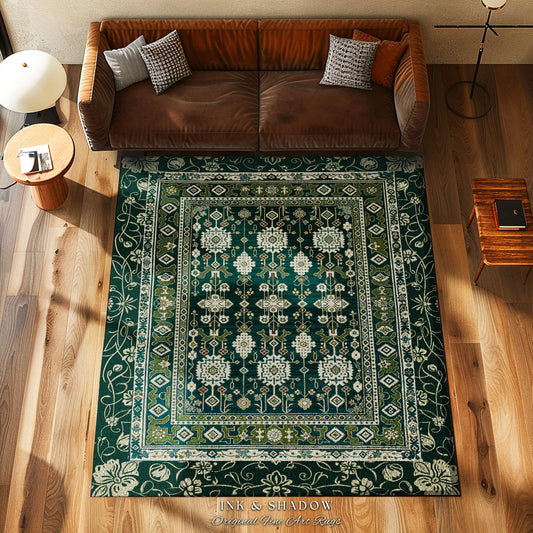 Forest Green Area Rug Boho Decor Rustic Aesthetic Living Room Sage Green Home Decor | Housewarming Gift Cottagecore Green Bedroom Floor Mat