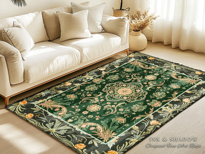 Emerald Accent Rug for Living Room | Classic Ornate Statement Rug with Green Detail Peachy Accent Bohemian Aesthetic for Cozy Reading Nook |