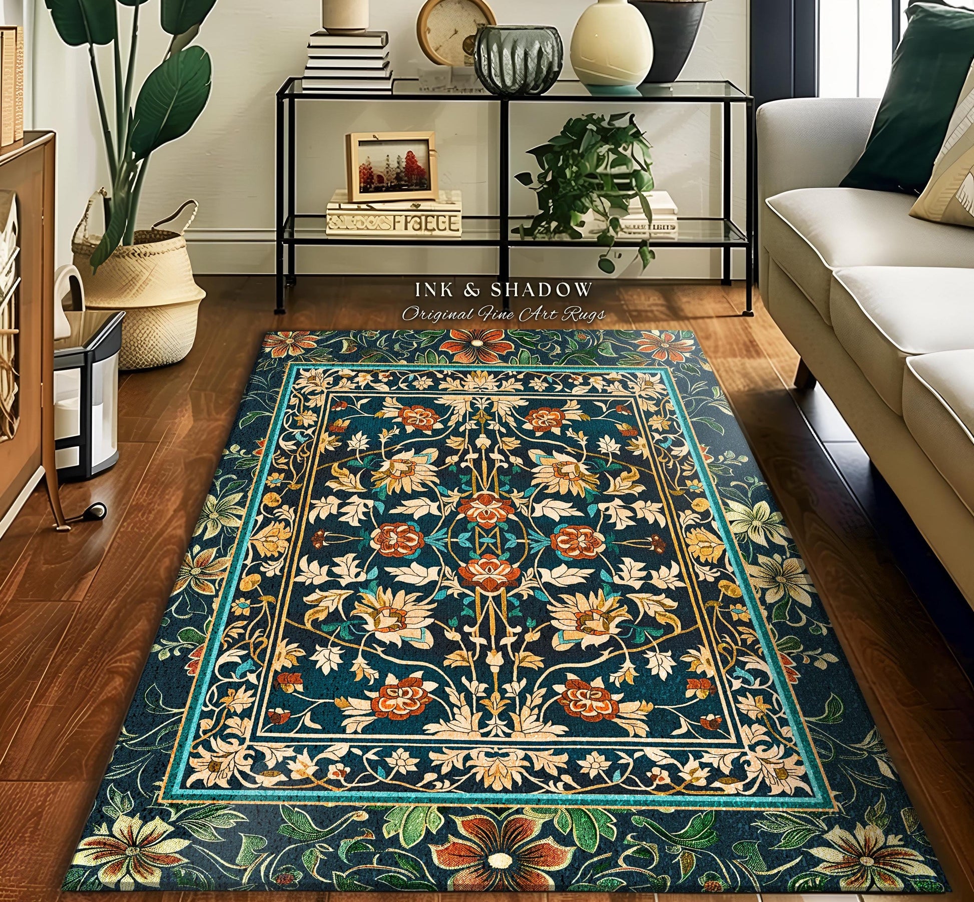 Timeless Ornate Floral Area Rug | Elegant Victorian Revivalist Wildflower Accent Rug for Living Room Dark Floral Teal Blue Royal Cottagecore