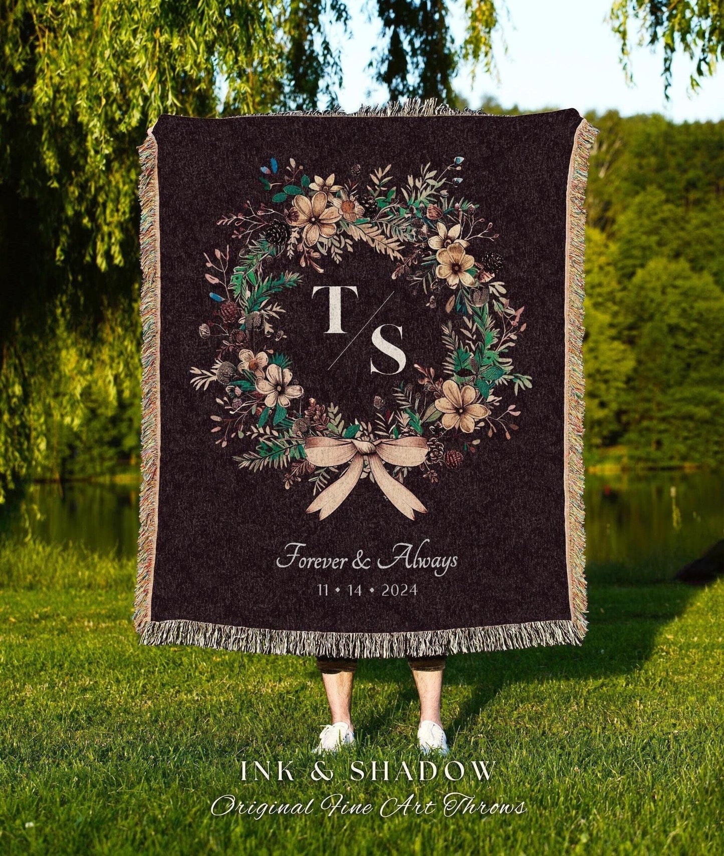 Floral Wreath Couples Initials Blanket | Forever and Always Sentimental Woven Tapestry Wedding Date Keepsake Woven Throw Floral Folklore |