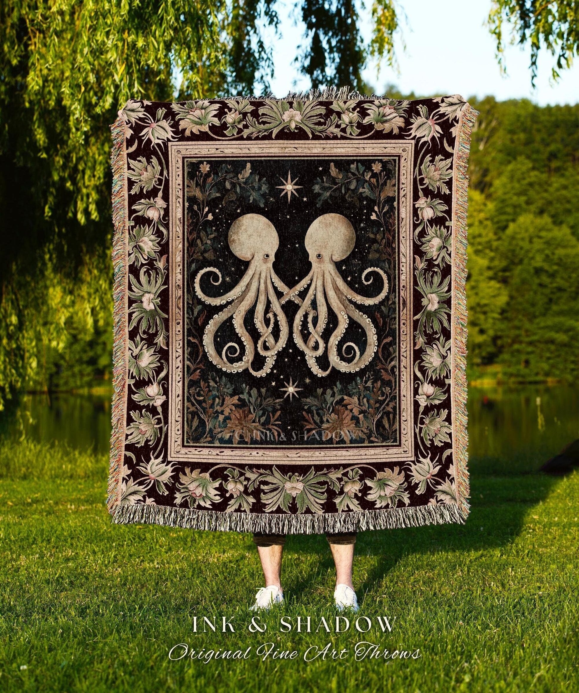 Witchy Whimsigothic Octopus Throw Blanket | Ethereal Sea Life Woven Tapestry Victorian Gothic Ocean Aesthetic Beach House Throw Costal |