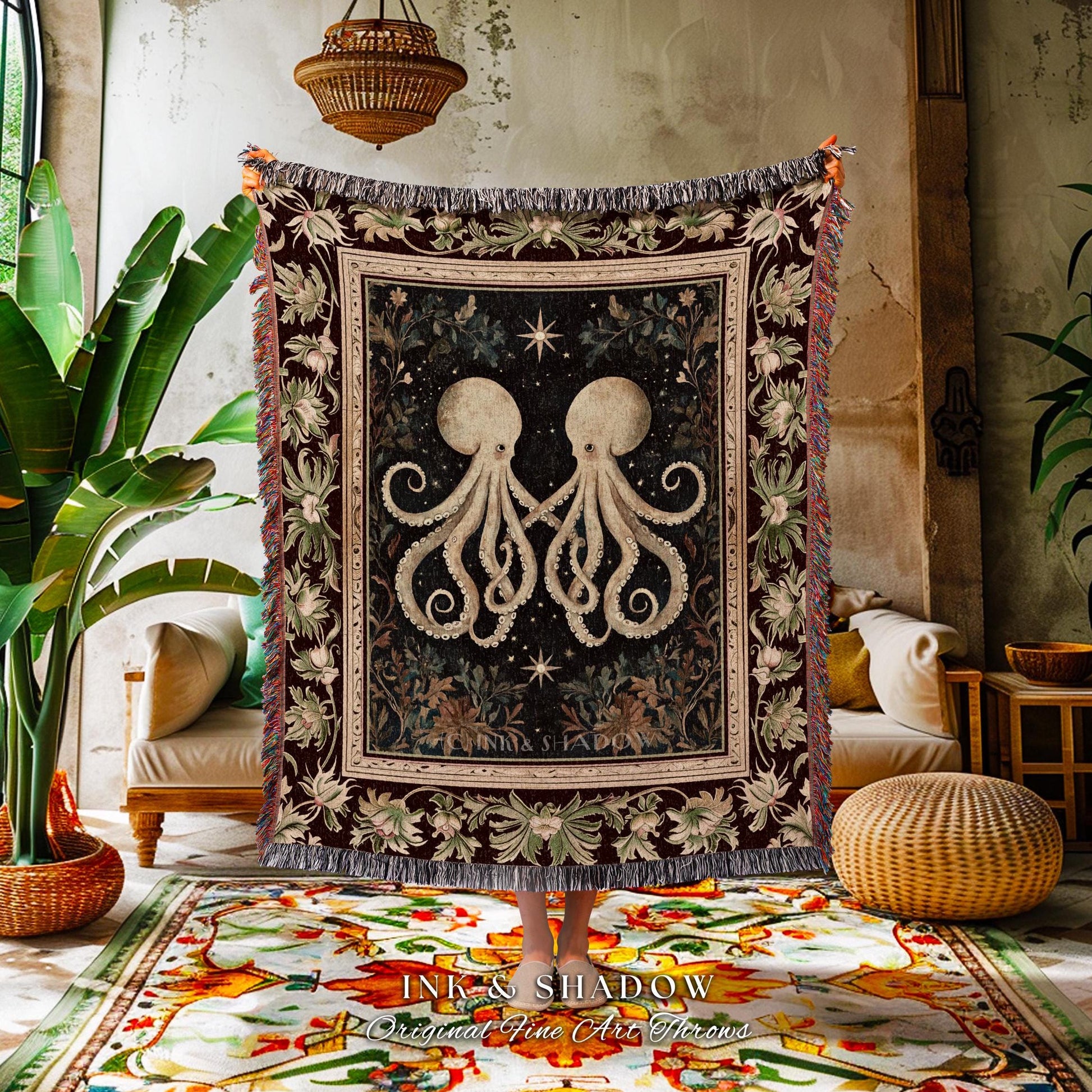 Witchy Whimsigothic Octopus Throw Blanket | Ethereal Sea Life Woven Tapestry Victorian Gothic Ocean Aesthetic Beach House Throw Costal |