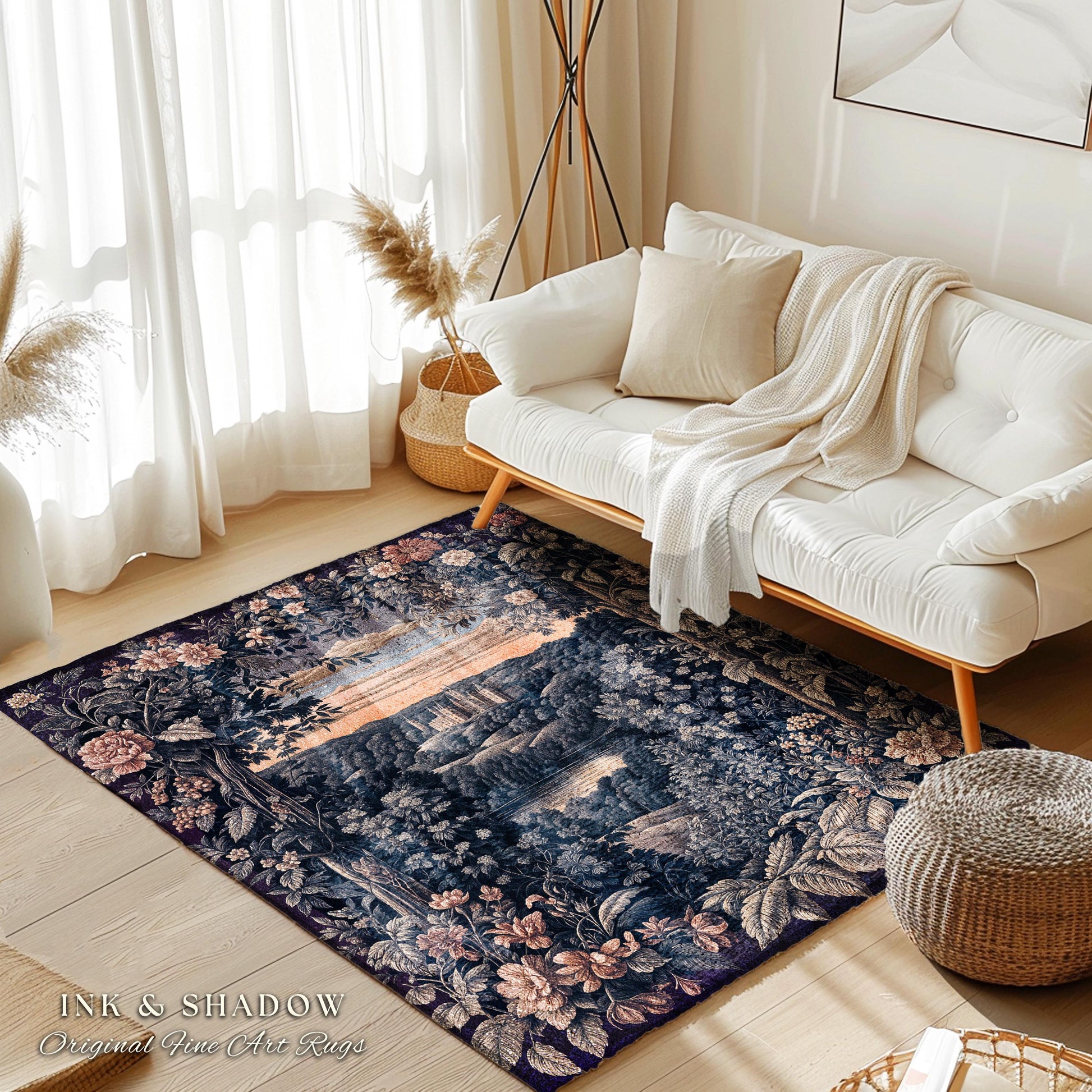 Pastel Fairy Aesthetic Accent Rug | Ethereal Woodland Royalcore Rosy Bedroom Area Rug Botanical Landscape Medieval Princess Rustic Castle |