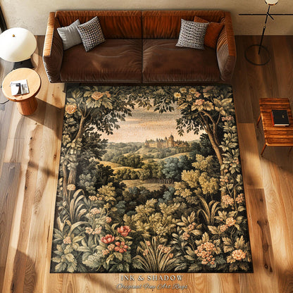 Medieval Meadow Area Rug | Rustic Fairytale Castle Landscape Woodland Fairy Folklore Princesscore Aesthetic Mystic Victorian Floral Accent |