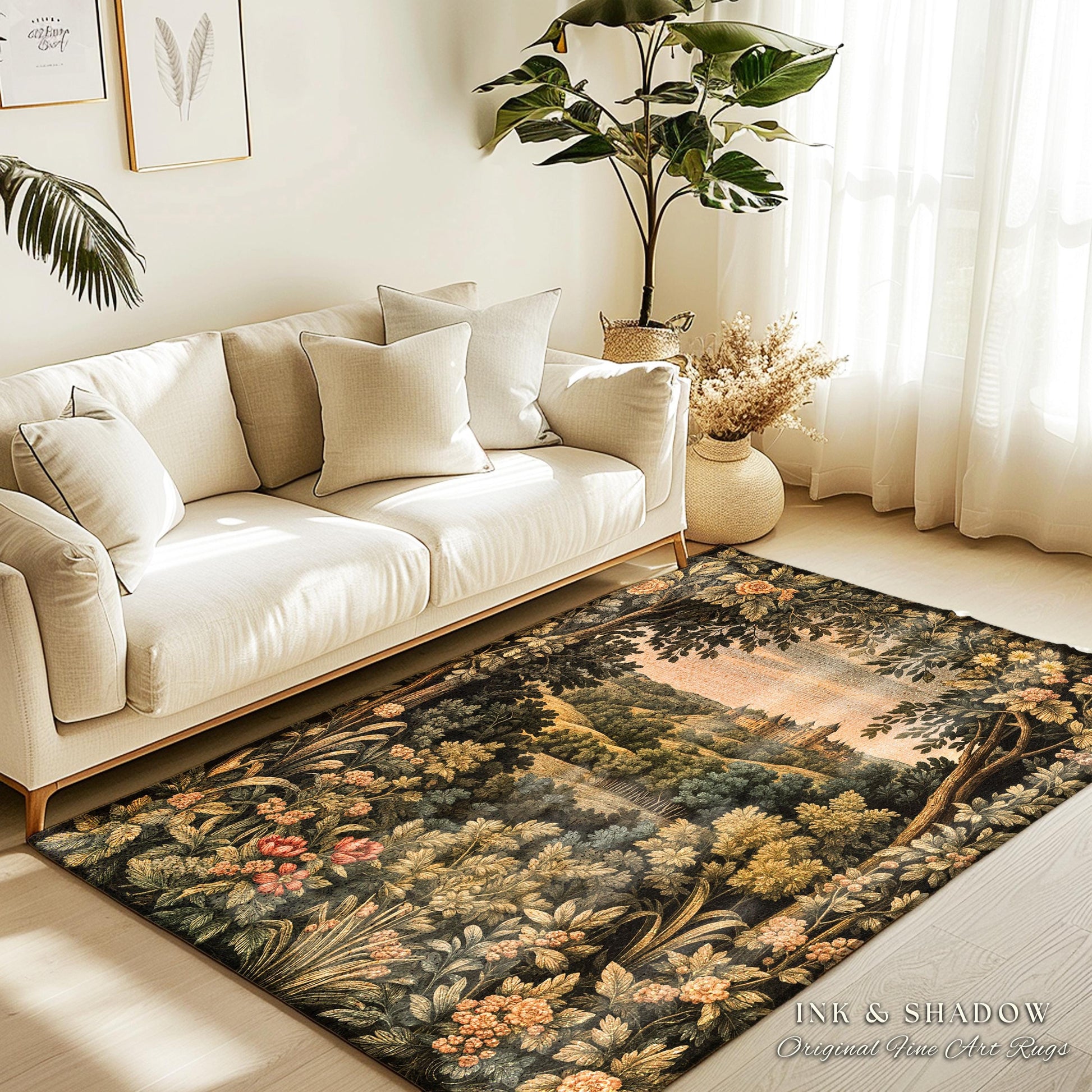 Medieval Meadow Area Rug | Rustic Fairytale Castle Landscape Woodland Fairy Folklore Princesscore Aesthetic Mystic Victorian Floral Accent |