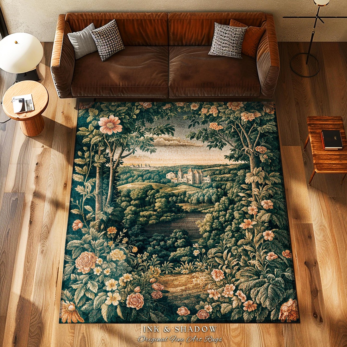 Princess Medieval Accent Rug | Rustic Floral Landscape Whimsigoth Castle Ethereal Bedroom Aesthetic Area Rug Woodland Goth Romantic Coquette