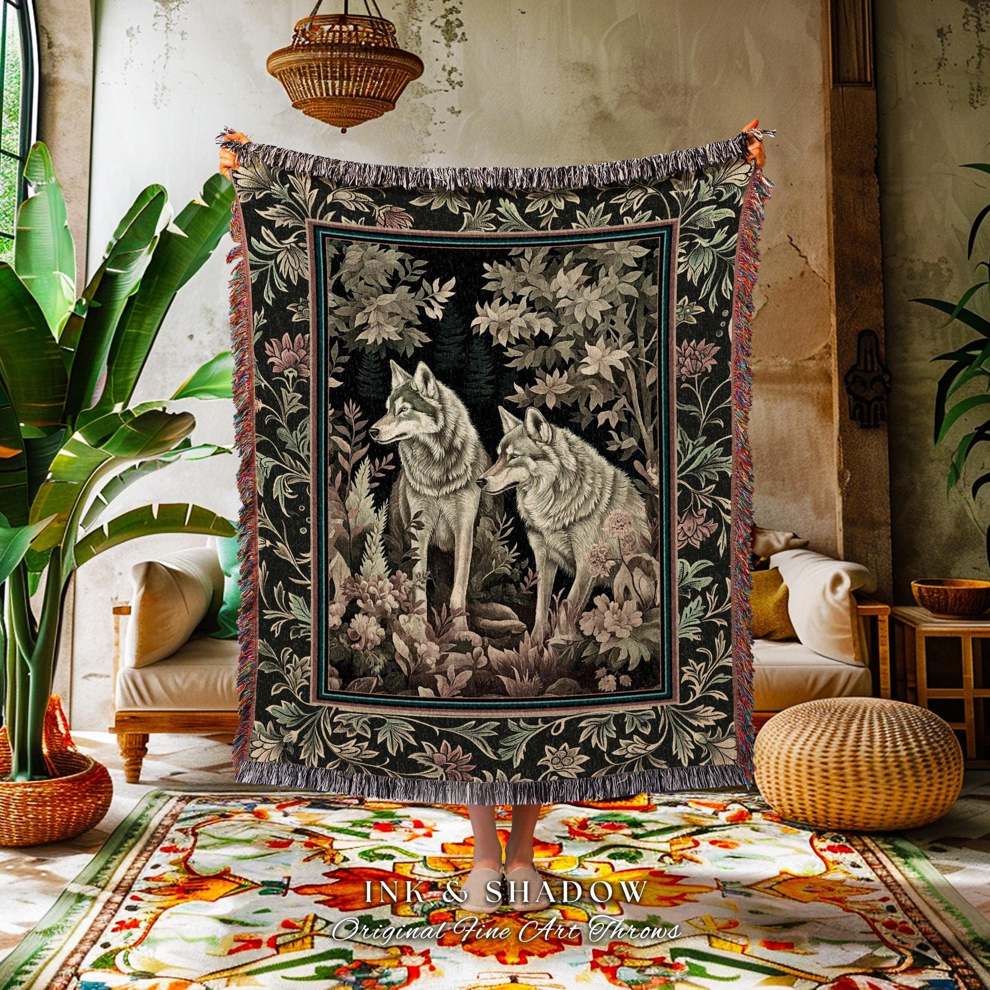 Witchy Woodland Wolves Tapestry | Whimsical Botanical Cozy Woven Throw Blanket Cabincore Bedding Forestcore Bedding Folklore Style Floral |