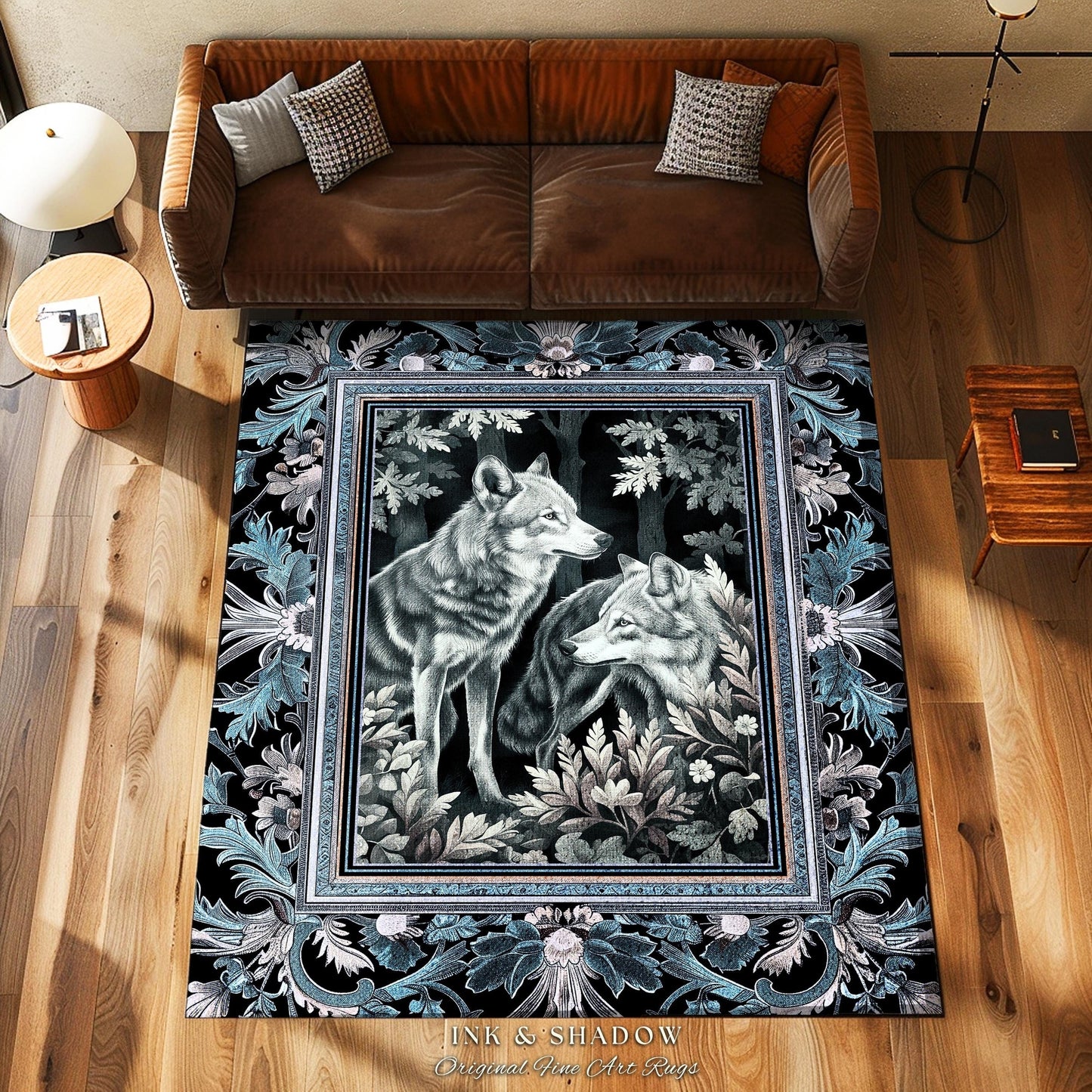 Icy Blue Mystic Wolf Area Rug | Woodland Ethereal Forest Fairy Victorian Gothic Style Whimsical Cottagecore Decor Enchanted Forest Accent |