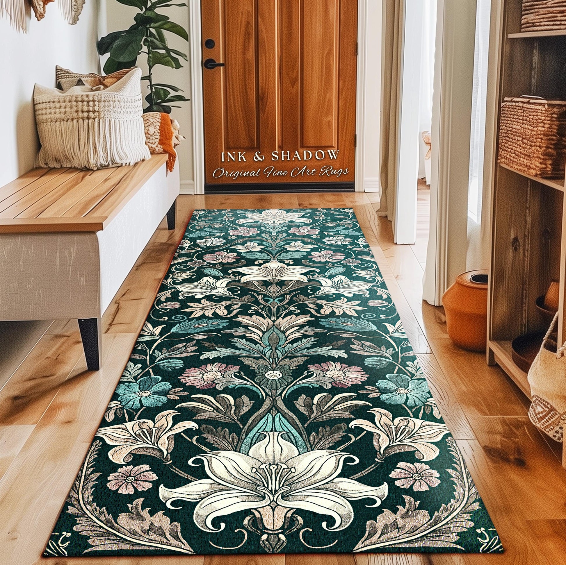 Trendy Florals Elegant Accent Rug | Ornate Botanical Folklore Inspired Dark Academia Teal Area Rug Romantic Opulence Vintage Cottagecore Art