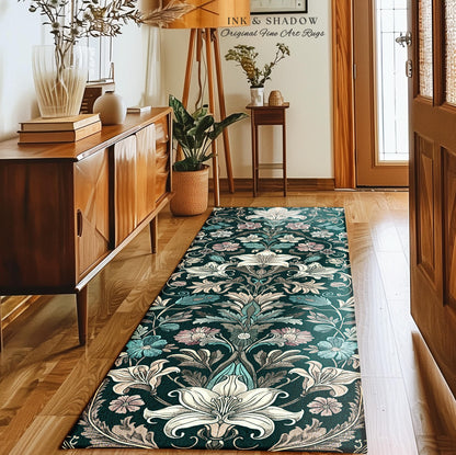 Trendy Florals Elegant Accent Rug | Ornate Botanical Folklore Inspired Dark Academia Teal Area Rug Romantic Opulence Vintage Cottagecore Art