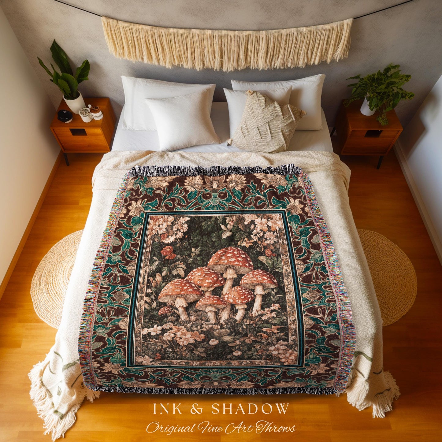 Magical Mushroom Eclectic Woven Blanket | Fairy Aesthetic Throw Whimsigoth Forest Decor Whimsical Fairycore Tapestry Cute Housewarming Gift