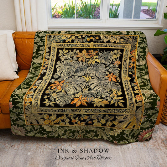 Whimsical Maximalist Cozy Blanket | Dark Victorian Houseplant Throw Monstera Deliciosa Romantic Victorian Floral Maximalist Jungle Tapestry