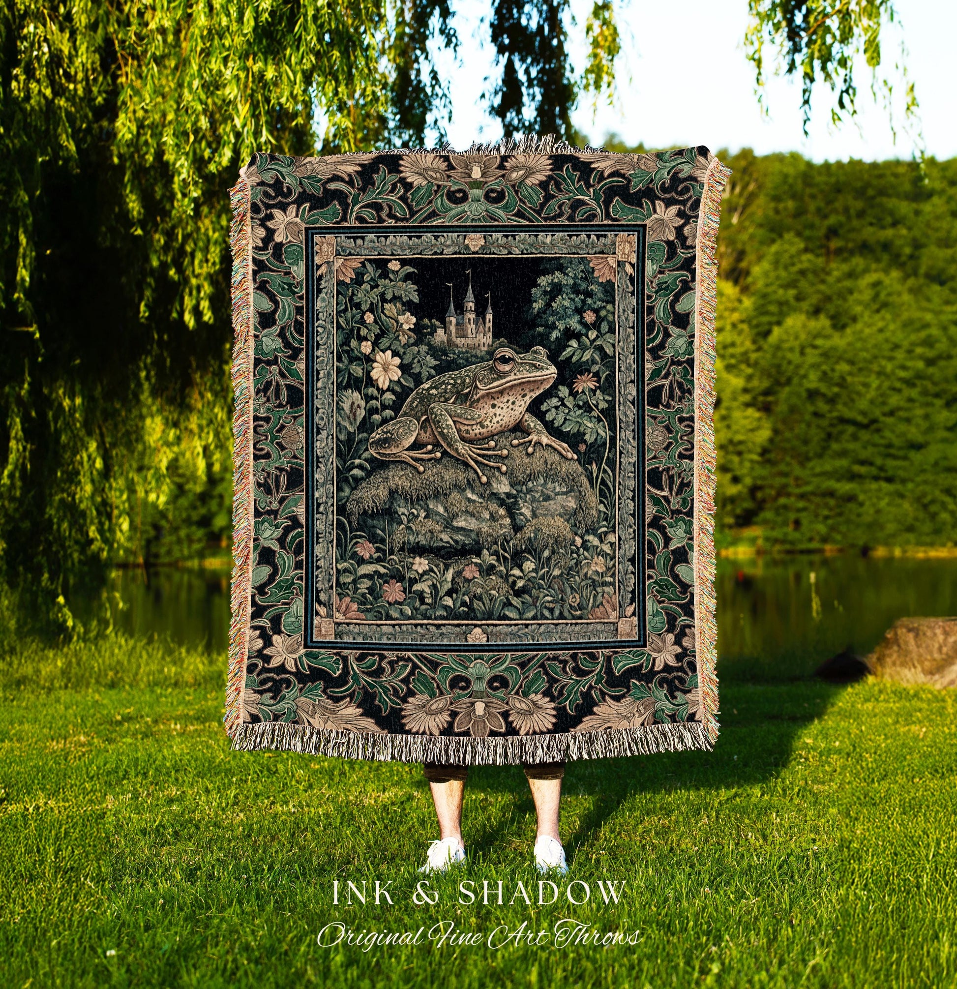 Whimsical Folklore Toad Castle Tapestry | Ethereal Landscape Elegant Botanical Throw Blanket Gothic Victorian Eclectic Aesthetic Frog & Toad