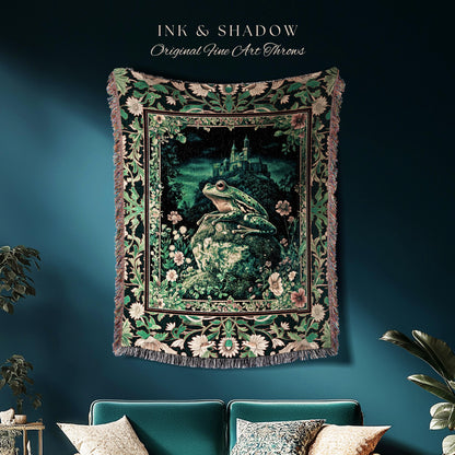 Book Nook Fairytale Woven Tapestry | Woodland Gothic Baroque Aesthetic Frog Throw Blanket Cottagecore Reading Room Floral Border Ornate |