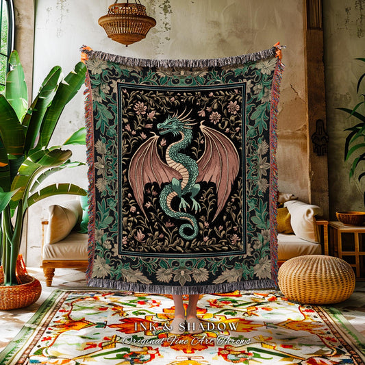 Woodland Cottagecore Cozy Dragon Blanket | Forestcore Woodland Medieval Bedroom Ethereal Victorian Fantasy Dark Academia Maximalist Tapestry