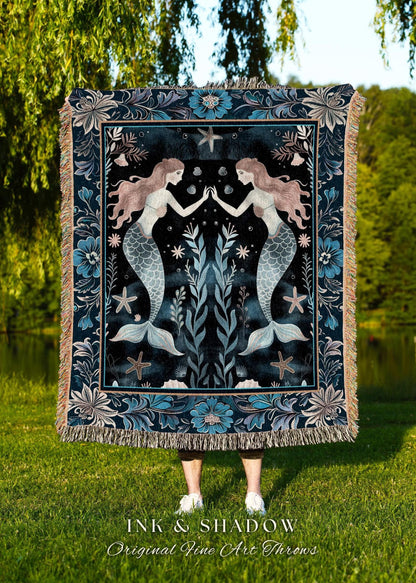 Mystical Midnight Blue Mermaid Blanket Floral Oceanic Tapestry Throw Art Nouveau Coastal Cottagecore Whimsical Sea Nymph Enchanted Nautical