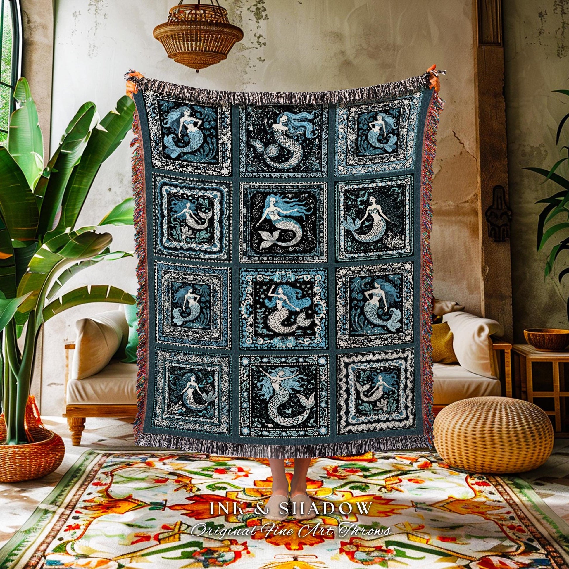 Scandinavian Style Mermaid Throw | Whimsical Nautical Retro Sea Queen Ethereal Selkie Tapestry Woven Coverlet Coastal Cottagecore Aesthetic