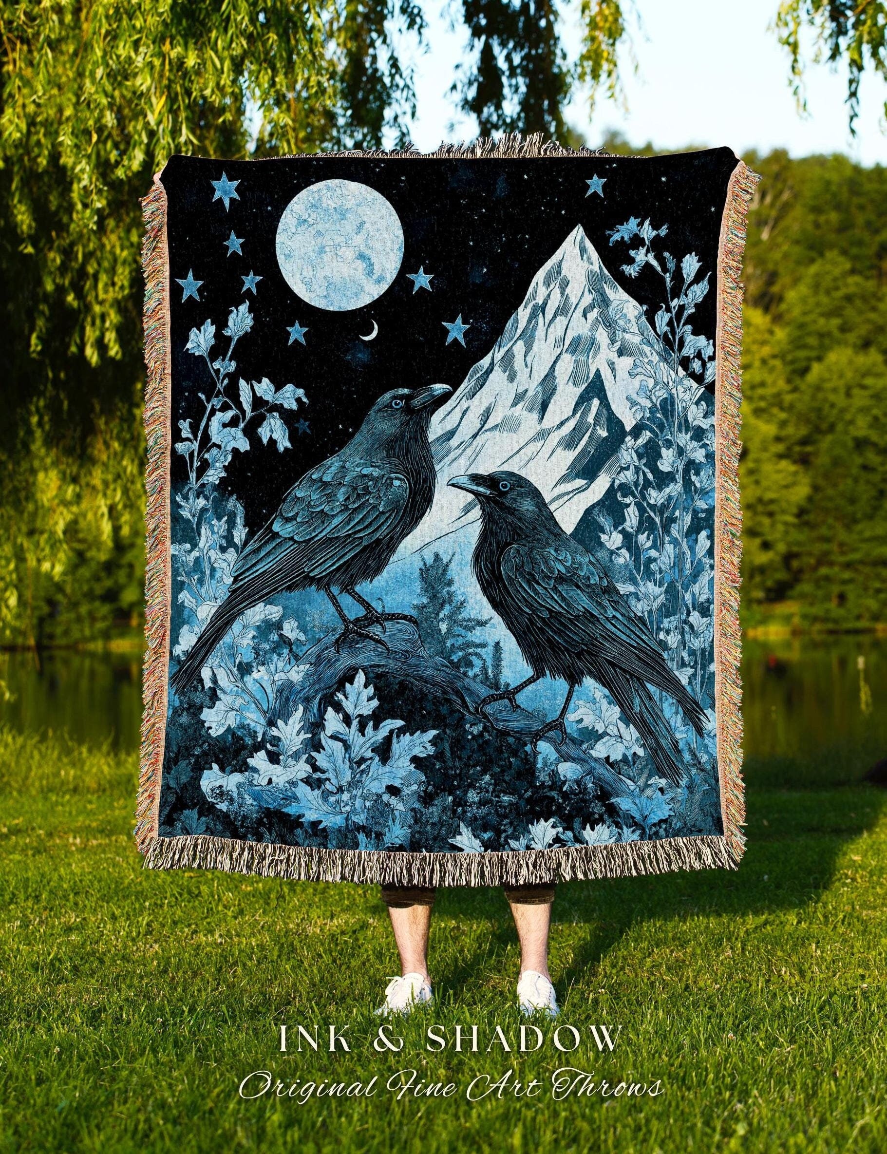 Moody Mountain Crow Woven Blanket | Icy Blue Crowcore Gothic Enchantment Tapestry Whimsical Woodland Goblincore Bedding Raven Magical Throw