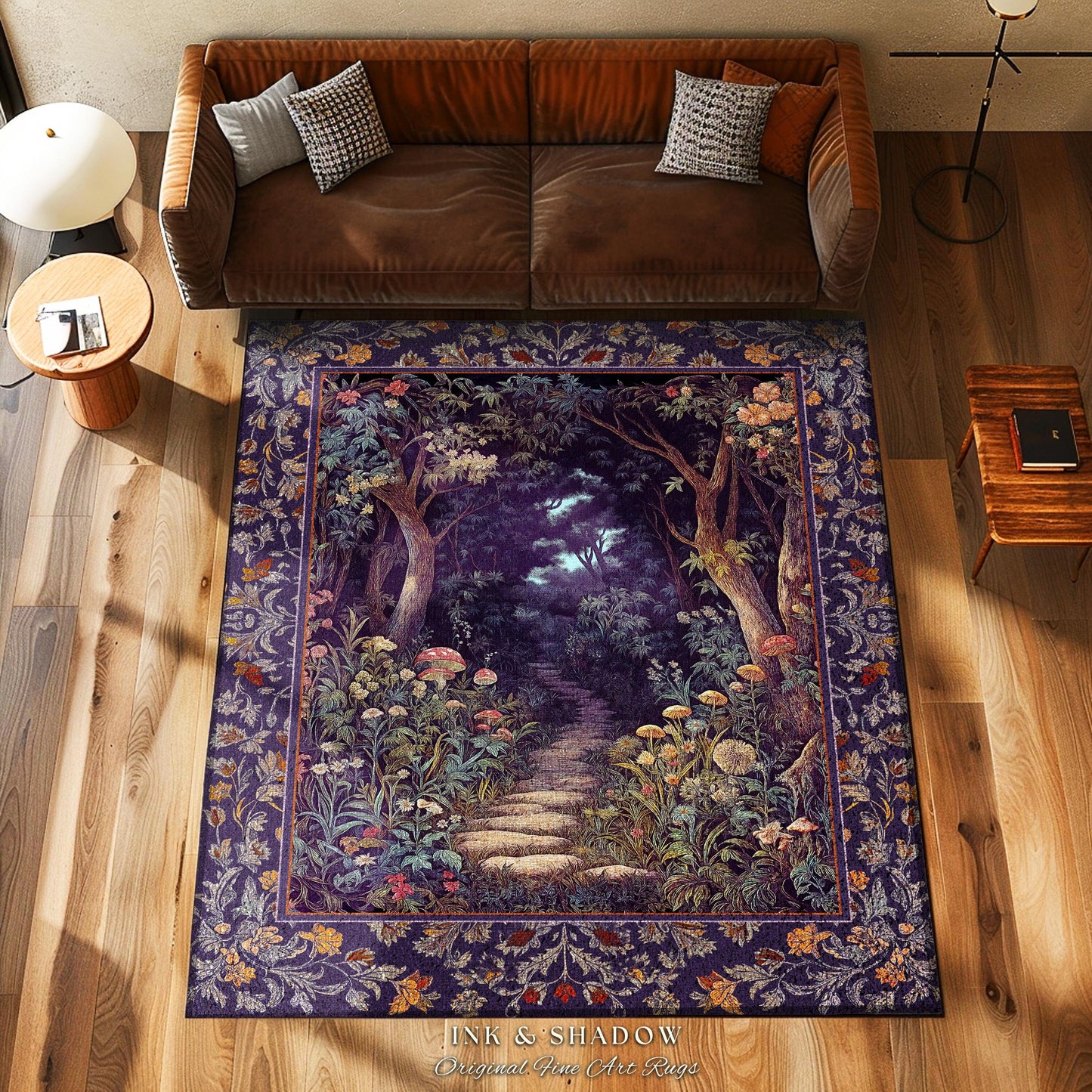 Magical Woodland Mushroom Rug | Fairytale Theme Woodland Botanical Aesthetic Whimsical Home Decor Bedroom Housewarming Gift Purple Woods |