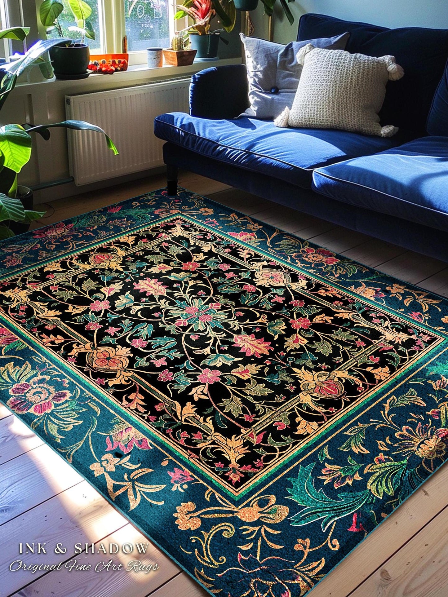 Dark Academia Busy Botanical Rug | Folklore Aesthetic Floral Renaissance Antique Ethereal Maximalist Decor Baroque Pattern Moody Accent Rug