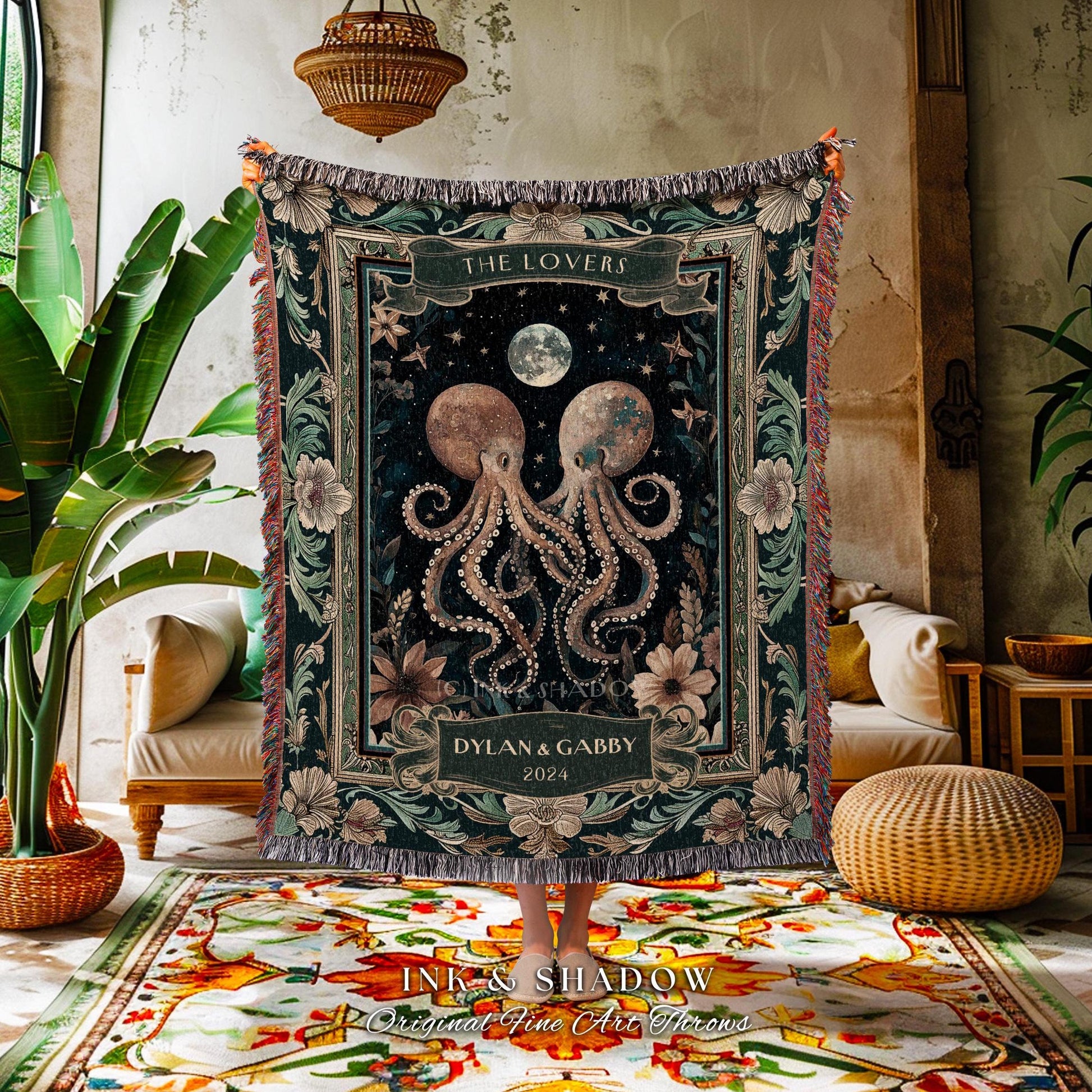 Witchy Ethereal Couple Tapestry Blanket | Octopus Lovers Anniversary Gift Custom Name & Date Tapestry Celestial Personalized Valentine Gift