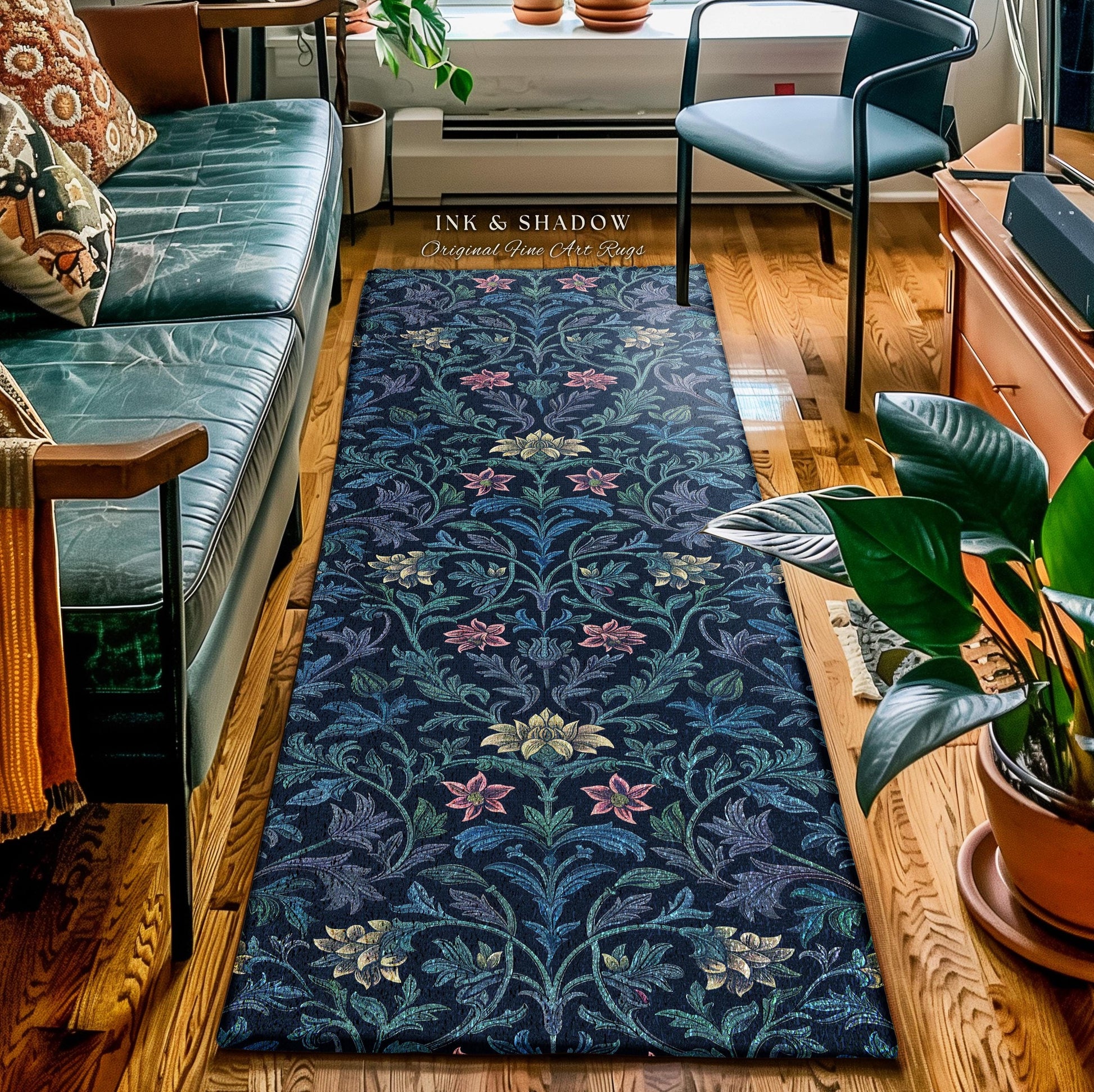 Baroque Florals Ornate Floral Rug | Victorian Revivalist Ethereal Timeless Accent Rug Dark Floral Indigo Blue Royal Cottagecore Elegance |