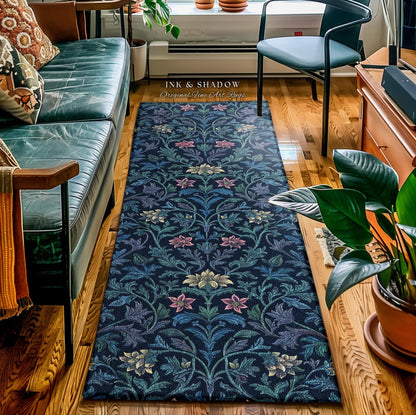 Baroque Florals Ornate Floral Rug | Victorian Revivalist Ethereal Timeless Accent Rug Dark Floral Indigo Blue Royal Cottagecore Elegance |