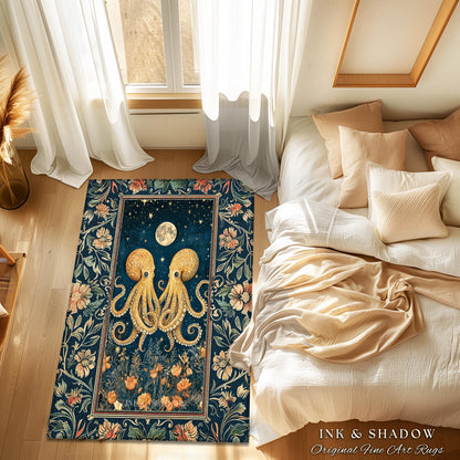 Nautical Storybook Octopus Accent Rug | Whimsigothic Moonlit Sea Life Nursery Area Rug Ethereal Oceanic Aesthetic Underwater Eclectic Unique