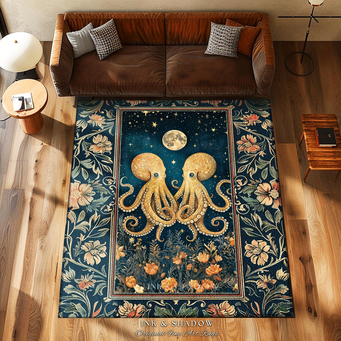 Nautical Storybook Octopus Accent Rug | Whimsigothic Moonlit Sea Life Nursery Area Rug Ethereal Oceanic Aesthetic Underwater Eclectic Unique