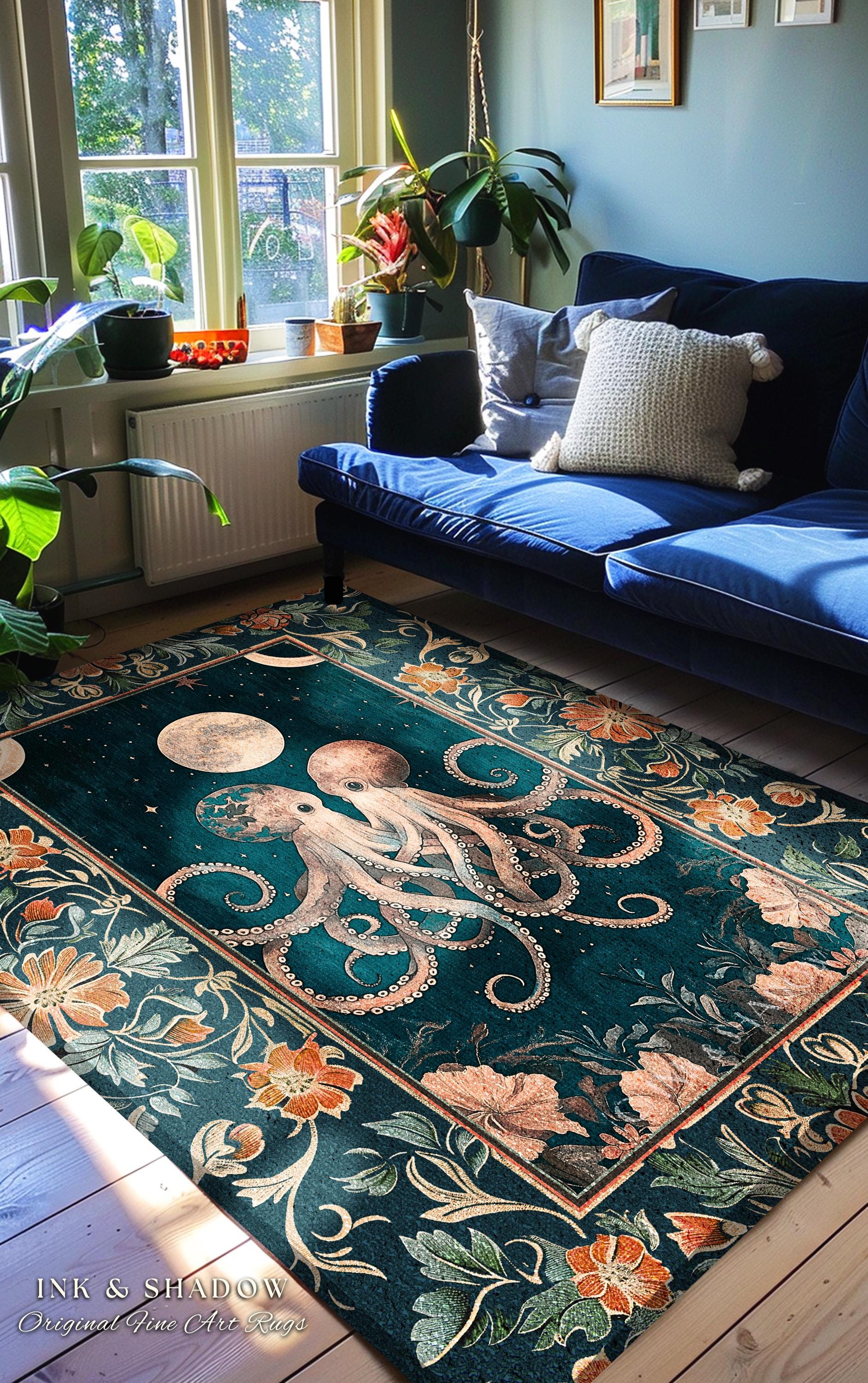 Moonlit Ocean Aesthetic Octopus Rug | Underwater Theme Ocean Aesthetic Eclectic Oddities Whimsical Area Rug Magical Ethereal Sea Life Accent