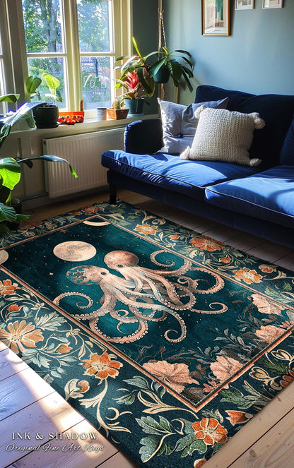 Moonlit Ocean Aesthetic Octopus Rug | Underwater Theme Ocean Aesthetic Eclectic Oddities Whimsical Area Rug Magical Ethereal Sea Life Accent