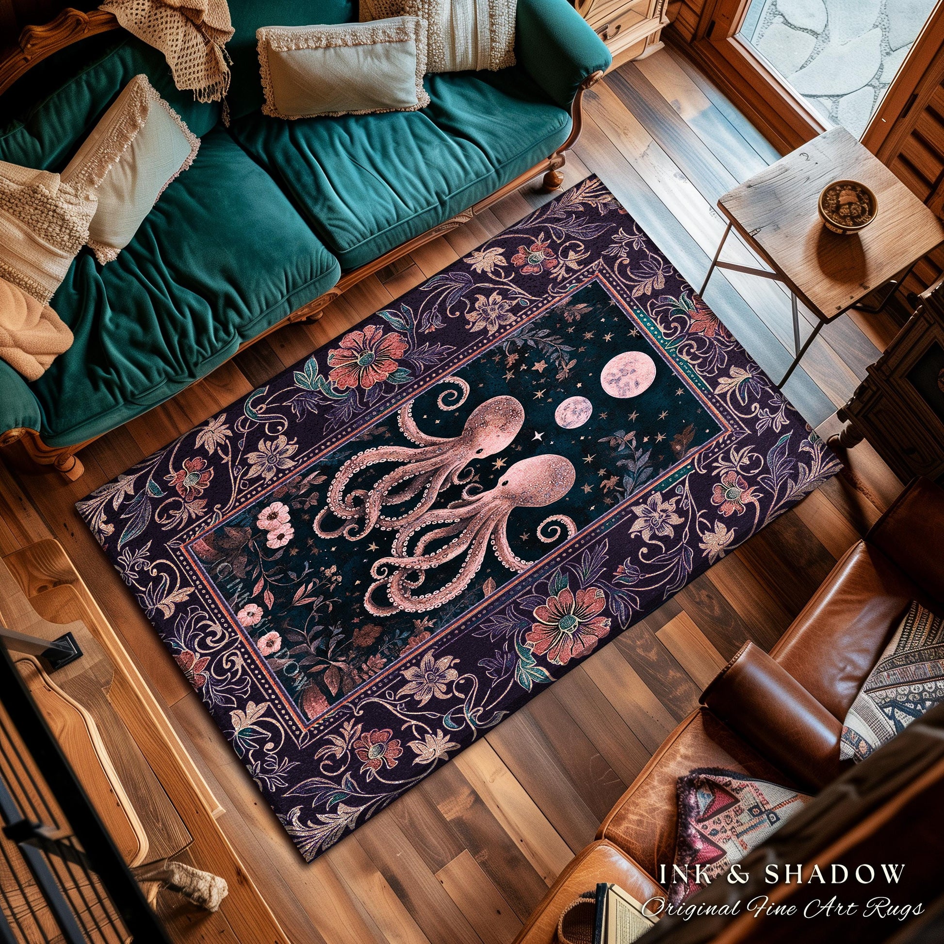 Lunar Magic Whimsical Octopus Rug | Midnight Purple Dark Academia Nautical Celestial Goblincore Oceanic Mystery Victorian Floral Area Rug |