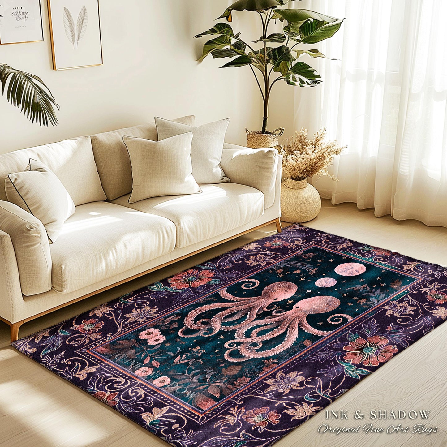 Lunar Magic Whimsical Octopus Rug | Midnight Purple Dark Academia Nautical Celestial Goblincore Oceanic Mystery Victorian Floral Area Rug |