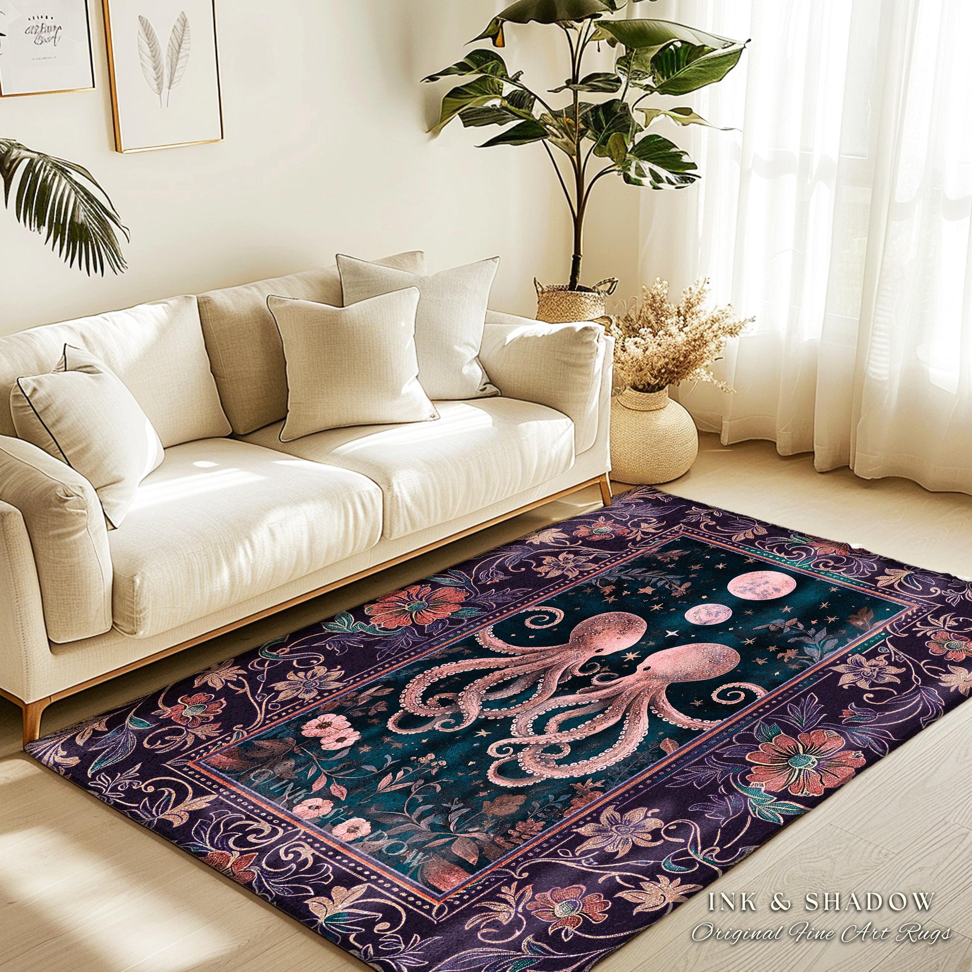 Lunar Magic Whimsical Octopus Rug | Midnight Purple Dark Academia Nautical Celestial Goblincore Oceanic Mystery Victorian Floral Area Rug |