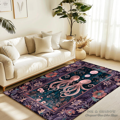 Lunar Magic Whimsical Octopus Rug | Midnight Purple Dark Academia Nautical Celestial Goblincore Oceanic Mystery Victorian Floral Area Rug |