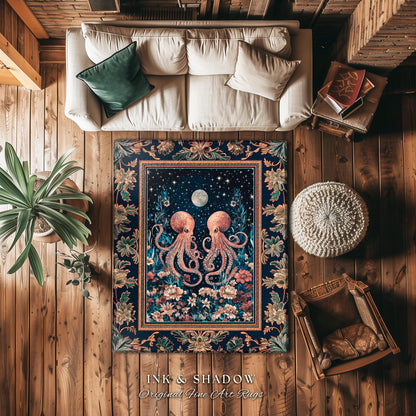 Ethereal Oddities Octopus Area Rug | Moonlit Nautical Woven Blanket Celestial Sea Life Cute Ocean Aesthetic Beach House Rug Whimsigothic |