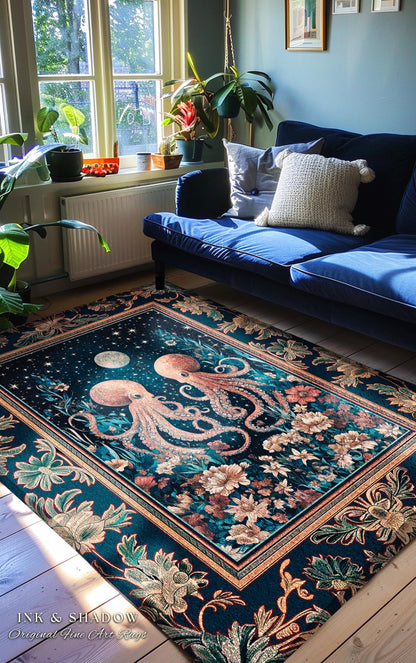 Ethereal Oddities Octopus Area Rug | Moonlit Nautical Woven Blanket Celestial Sea Life Cute Ocean Aesthetic Beach House Rug Whimsigothic |