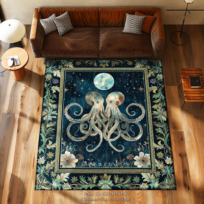 Romantic Victorian Octopus Area Rug | Ethereal Moonlit Ocean Aesthetic Underwater Eclectic Oddities Whimsical Home Accent Magical Sea Life |