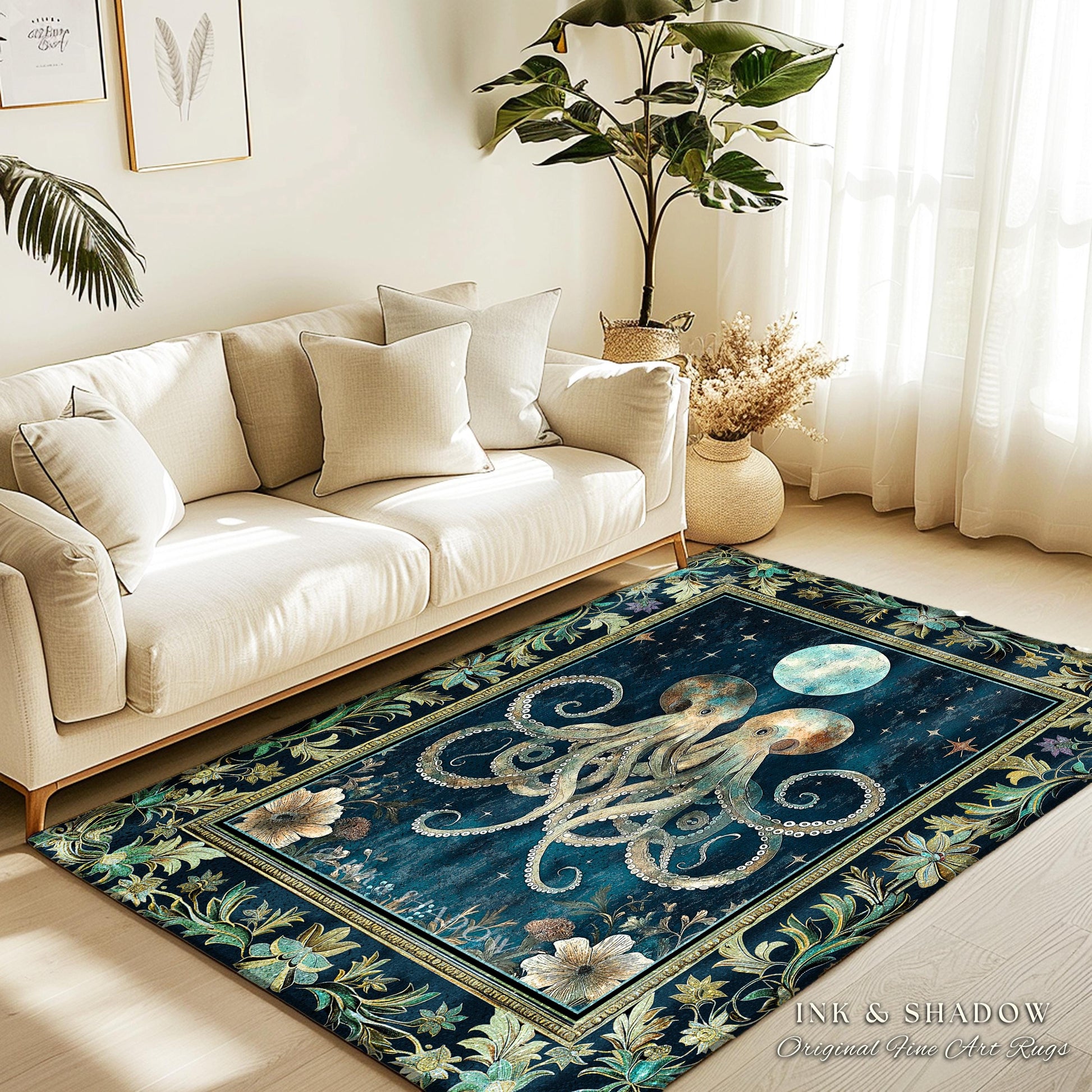 Romantic Victorian Octopus Area Rug | Ethereal Moonlit Ocean Aesthetic Underwater Eclectic Oddities Whimsical Home Accent Magical Sea Life |
