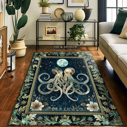 Romantic Victorian Octopus Area Rug | Ethereal Moonlit Ocean Aesthetic Underwater Eclectic Oddities Whimsical Home Accent Magical Sea Life |