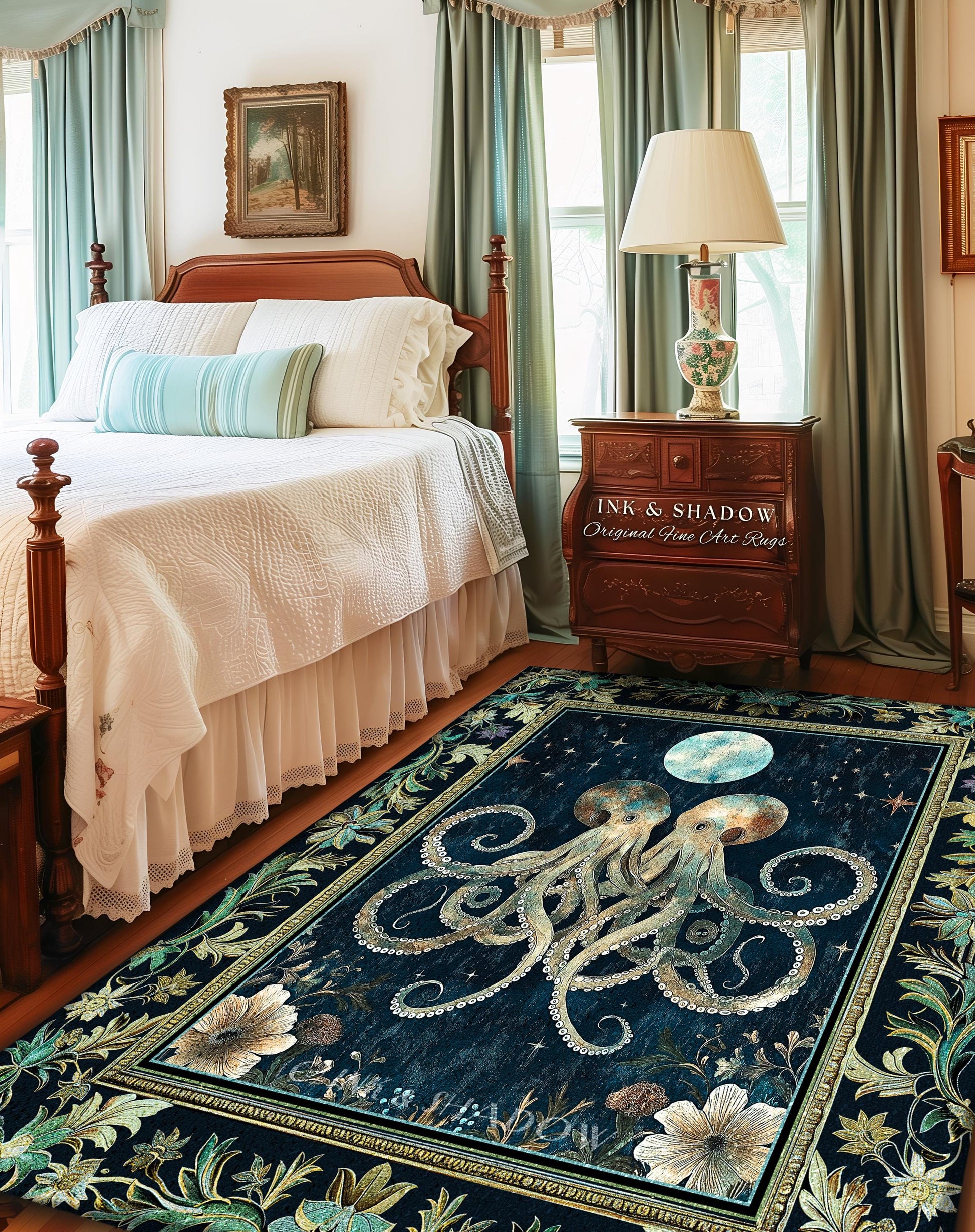 Romantic Victorian Octopus Area Rug | Ethereal Moonlit Ocean Aesthetic Underwater Eclectic Oddities Whimsical Home Accent Magical Sea Life |